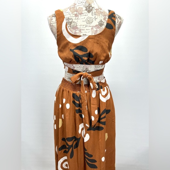 ILLA ILLA Brown and White graphic print open waist sleeveless maxi dress size S - Picture 7 of 14